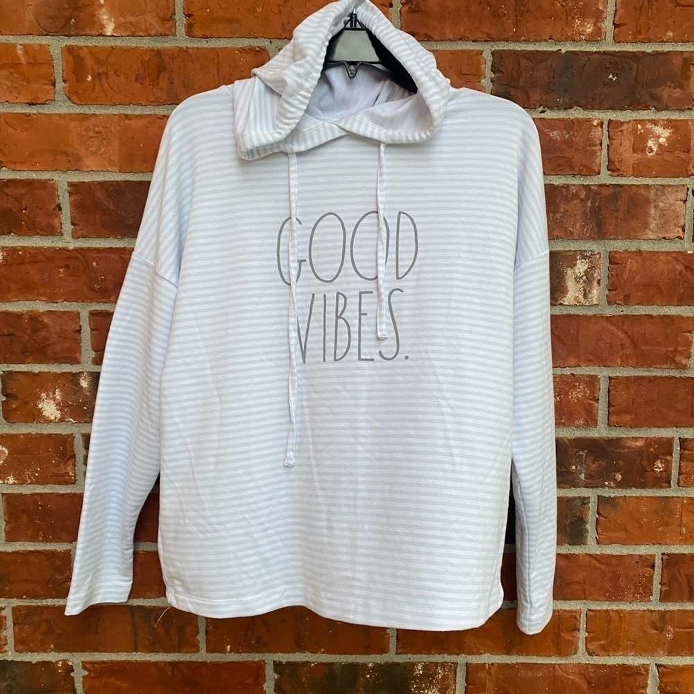 Rae Dunn Womens Small Good Vibes White Mint Striped Boxy Pullover Hoodie Sweater